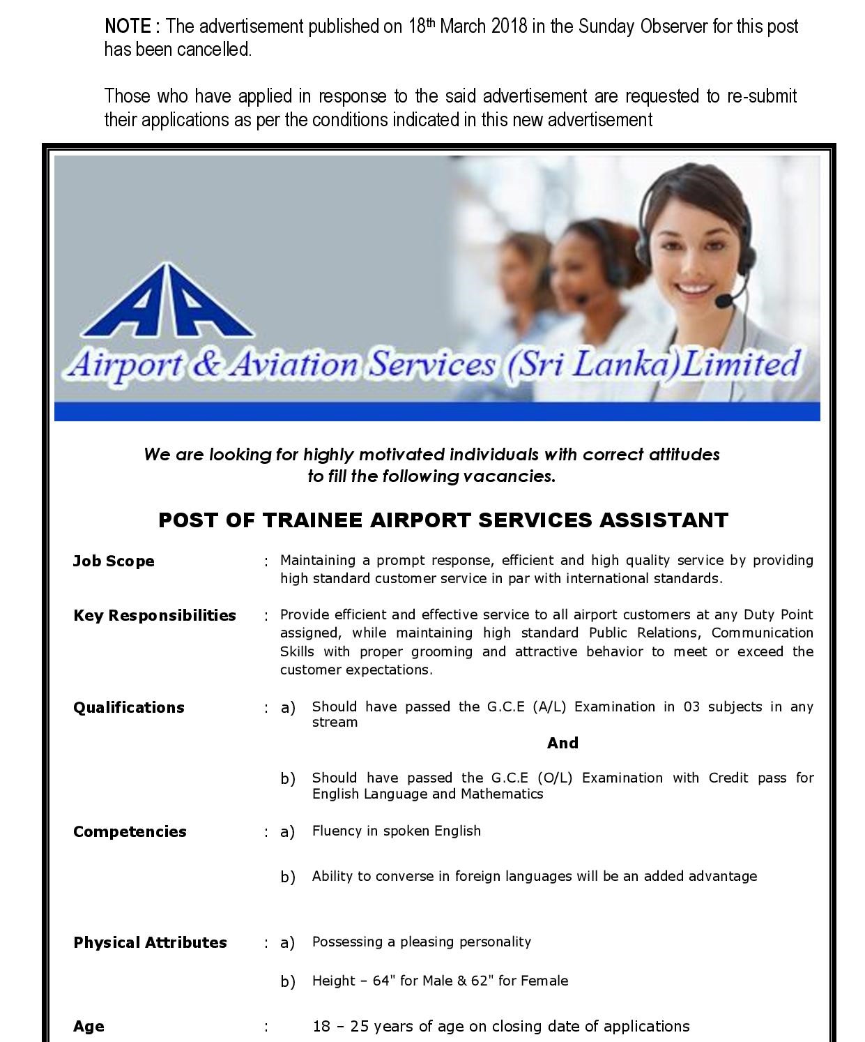 Trainee Airport Services Assistant - Airport & Aviation Services (Sri Lanka) Ltd